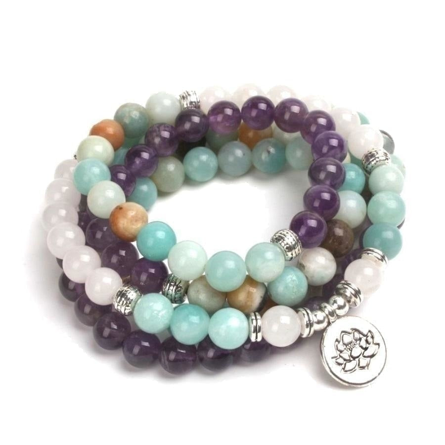 108 Amazonite Rose Quartz & Amethyst Mala Bead Bracelet - Free Spirit Shop