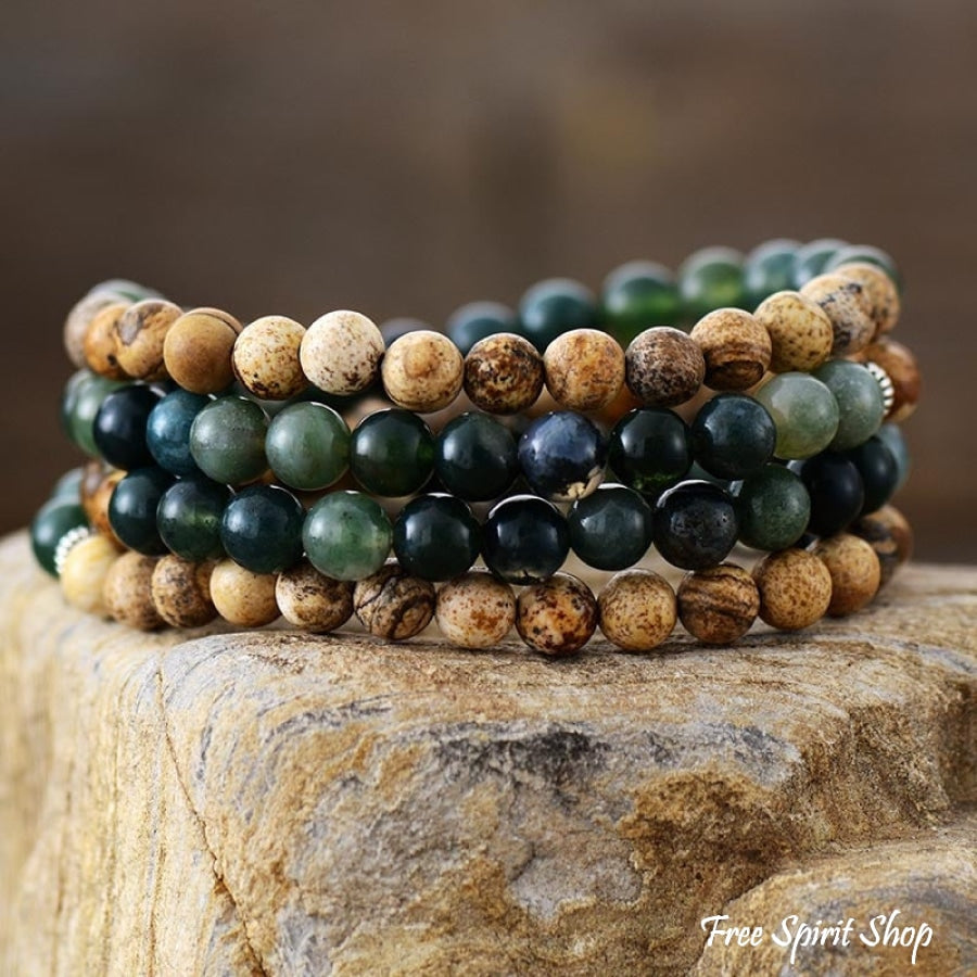 108 Green Moss Agate & Picture Jasper Elephant Mala Bead Bracelet - Free Spirit Shop