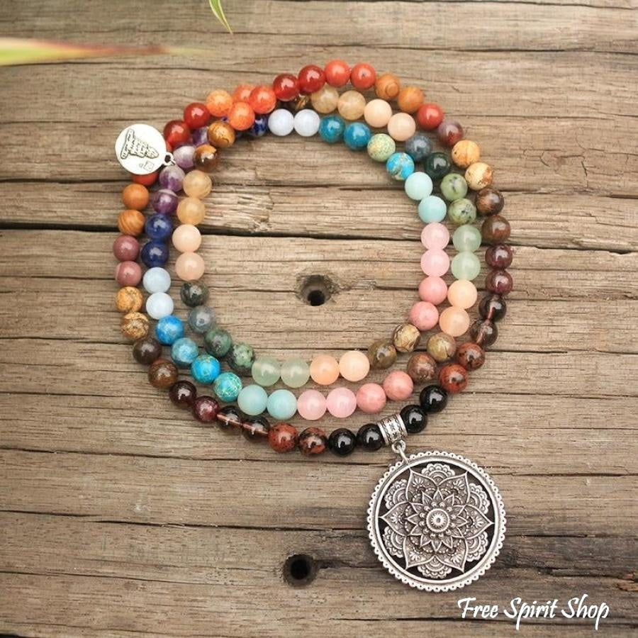 108 Natural 7 Chakra Gemstone Mala Bead Necklace - Free Spirit Shop