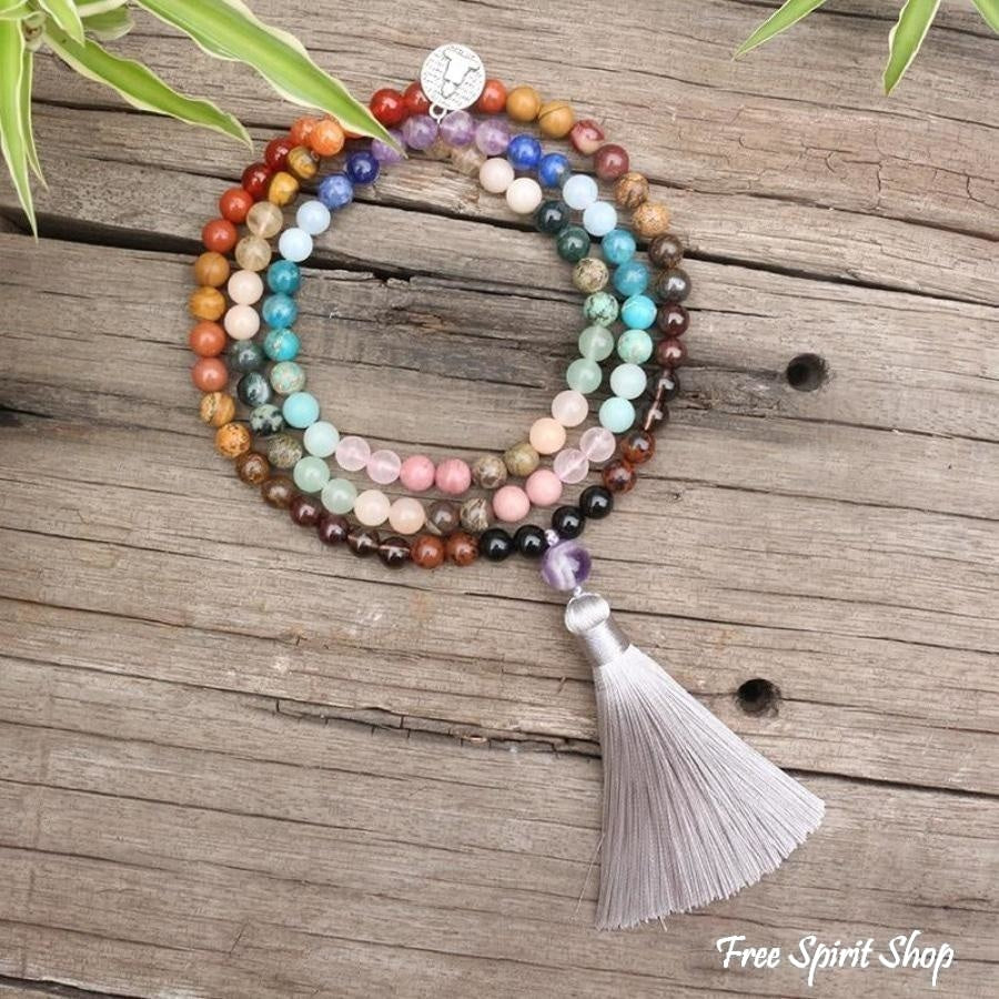 108 Natural 7 Chakra Gemstone Mala Bead Necklace - Free Spirit Shop