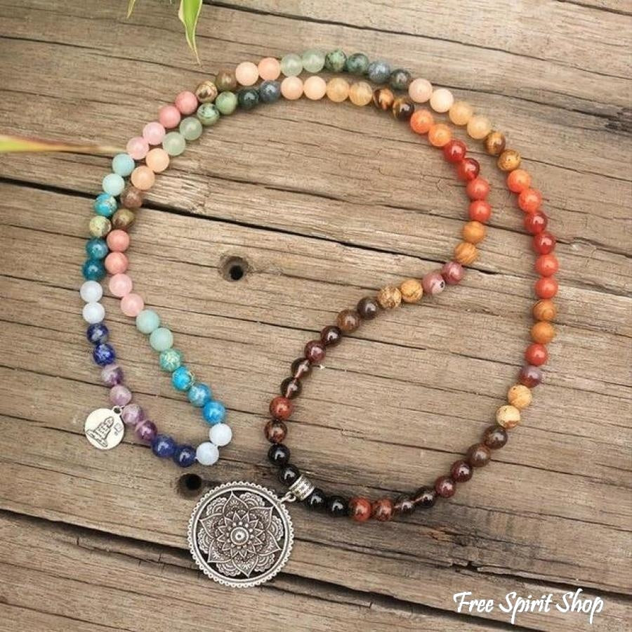 108 Natural 7 Chakra Gemstone Mala Bead Necklace - Free Spirit Shop