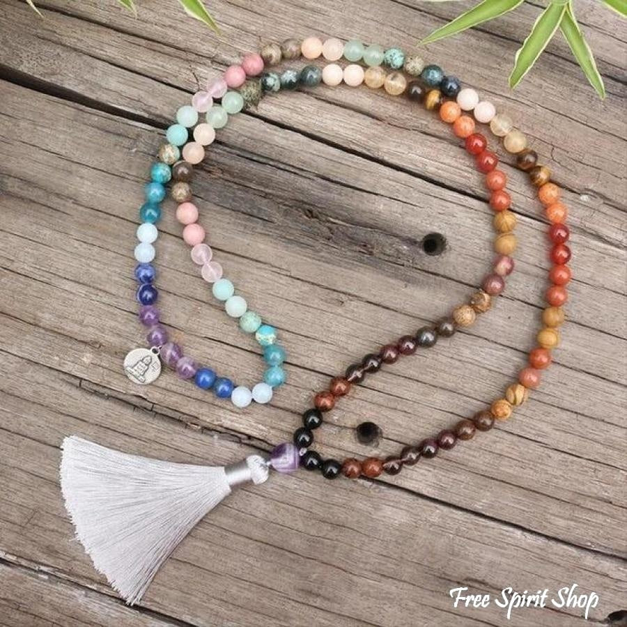 108 Natural 7 Chakra Gemstone Mala Bead Necklace - Free Spirit Shop