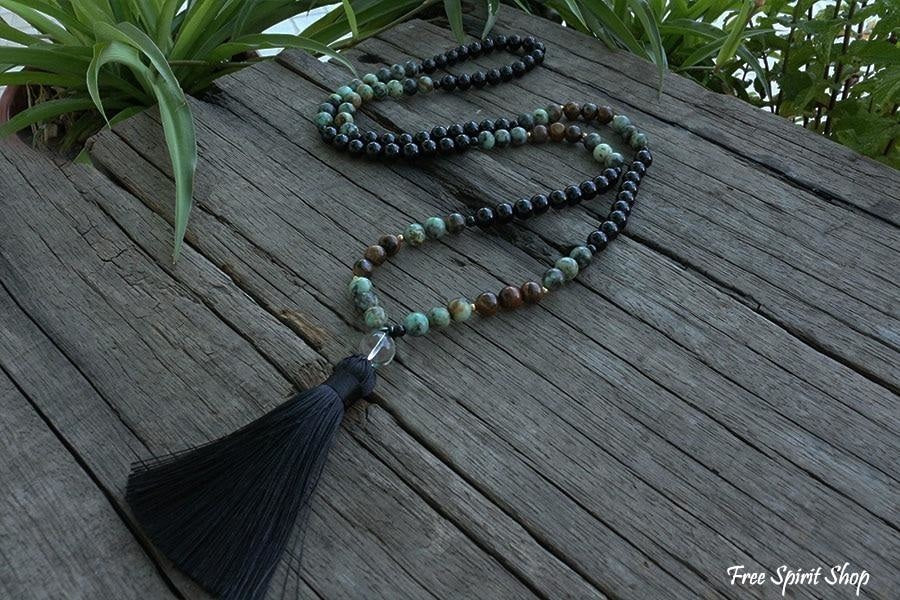108 Natural African Turquoise & Black Onyx Mala Bead Necklace - Free Spirit Shop