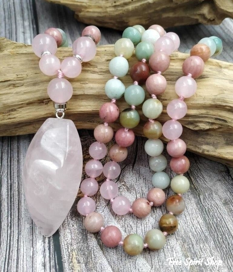 108 Natural Amazonite Rose Quartz & Rhodonite Mala Necklace - Free Spirit Shop