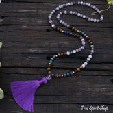 108 Natural Amethyst Crazy Lapis & Tiger Eye Gemstone Bead Mala Necklace - Free Spirit Shop