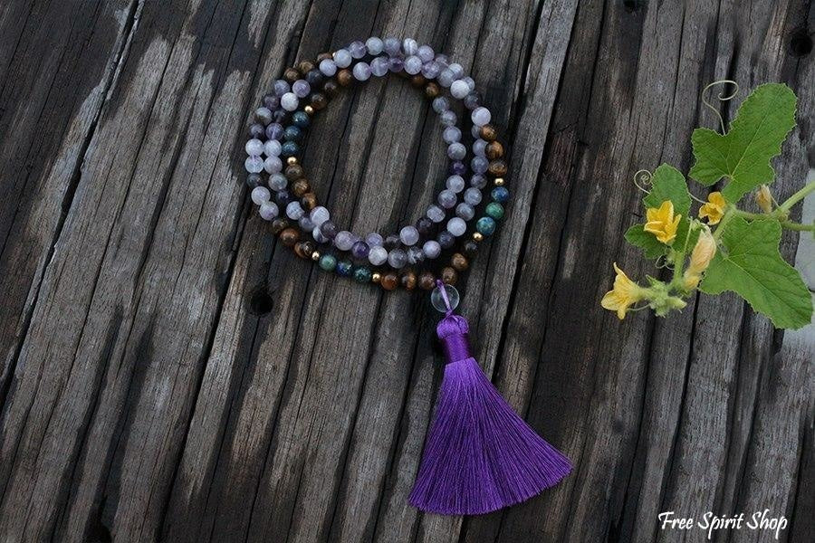 108 Natural Amethyst Crazy Lapis & Tiger Eye Gemstone Bead Mala Necklace - Free Spirit Shop