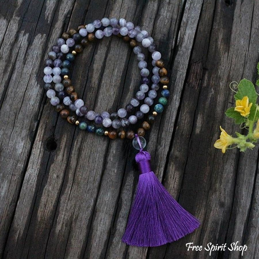 108 Natural Amethyst Crazy Lapis & Tiger Eye Gemstone Bead Mala Necklace - Free Spirit Shop