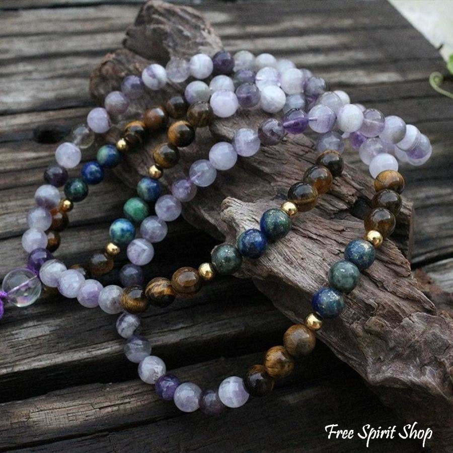 108 Natural Amethyst Crazy Lapis & Tiger Eye Gemstone Bead Mala Necklace - Free Spirit Shop