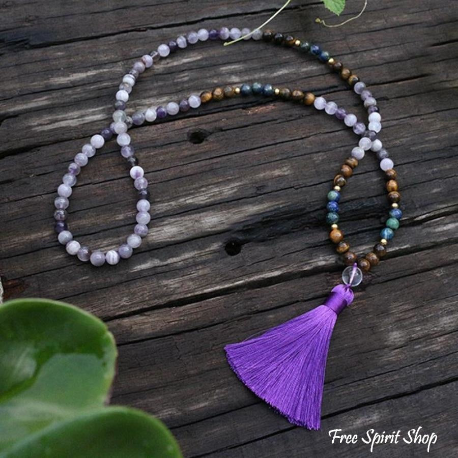 108 Natural Amethyst Crazy Lapis & Tiger Eye Gemstone Bead Mala Necklace - Free Spirit Shop