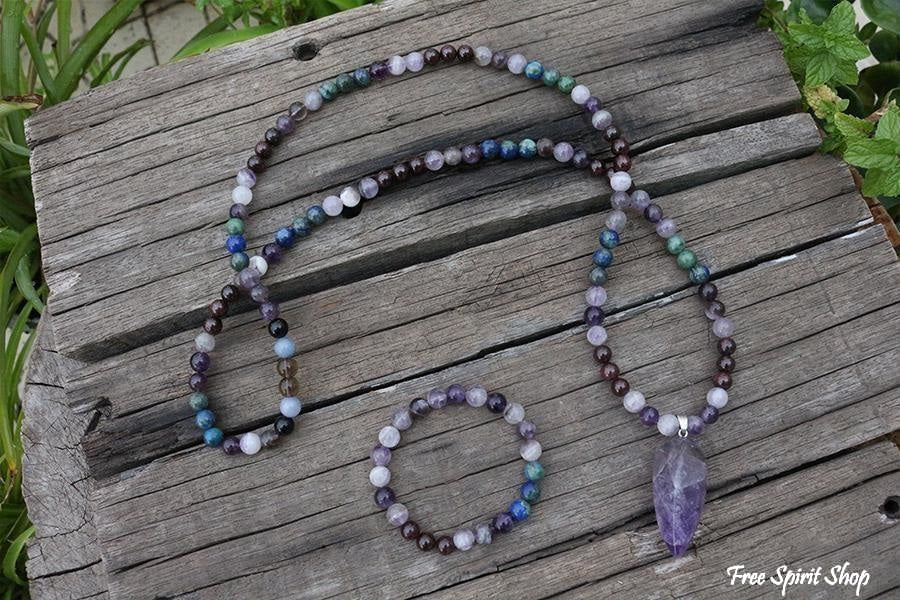 108 Natural Amethyst & Garnet Mala Bead Necklace / Bracelet - Free Spirit Shop