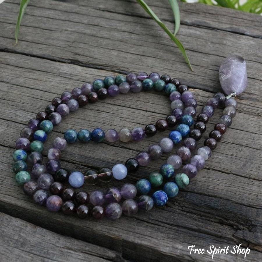 108 Natural Amethyst & Garnet Mala Bead Necklace / Bracelet - Free Spirit Shop