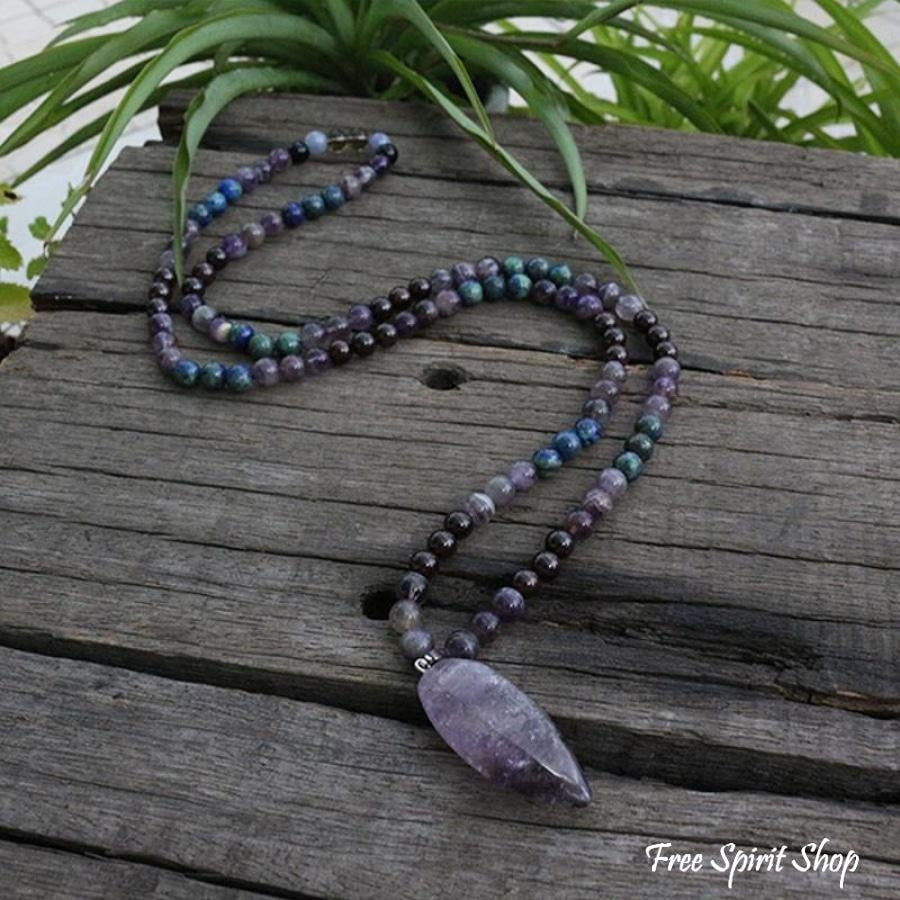 108 Natural Amethyst & Garnet Mala Bead Necklace / Bracelet - Free Spirit Shop