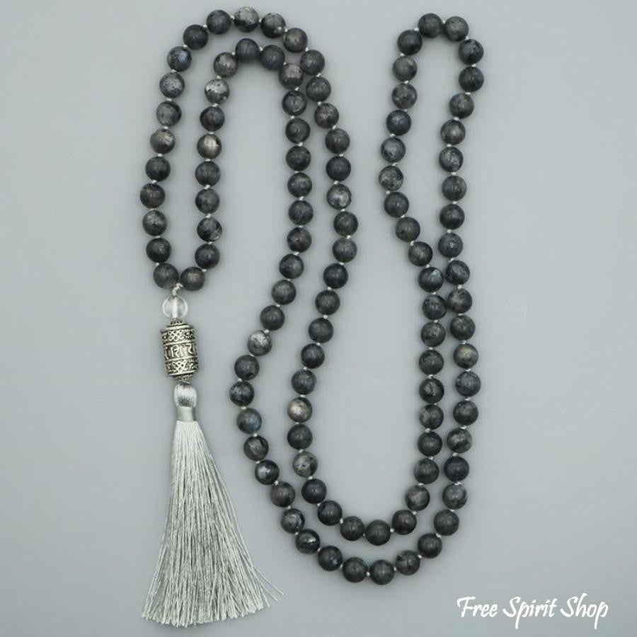 108 Natural Black Labradorite Mantra Wheel Mala Bead Necklace