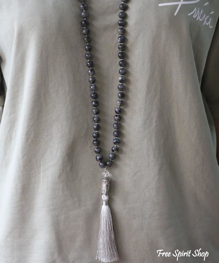 108 Natural Black Labradorite & Mantra Wheel Mala Bead Necklace - Free Spirit Shop