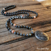 108 Natural Black Lava Stone Snowflake Obsidian Sunstone & Labradorite Mala Bead Necklace - Free Spirit Shop