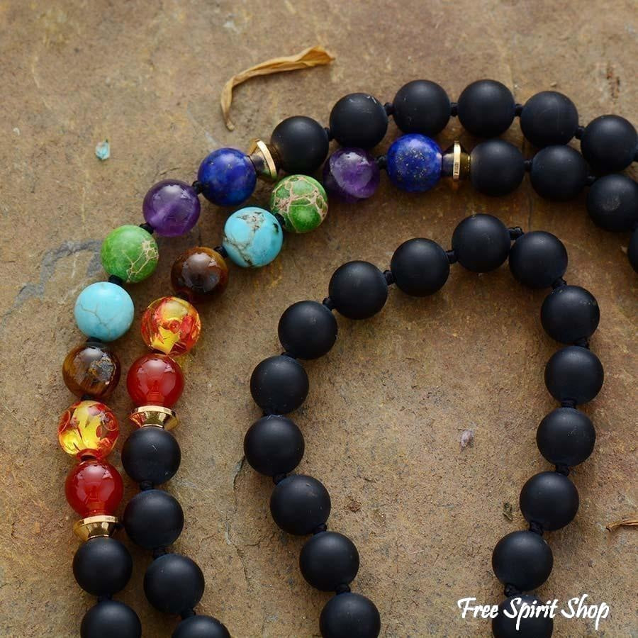 108 Natural Black Onyx & 7 Chakra Mala Bead Necklace - Free Spirit Shop