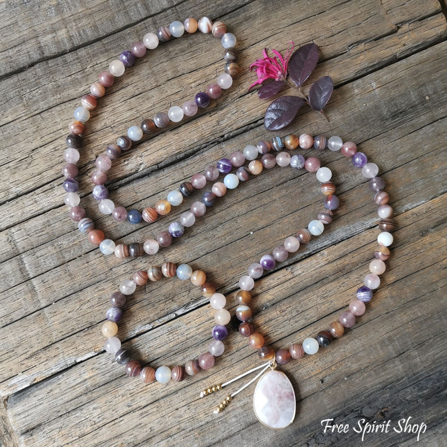 108 Natural ite & Rhodonite Mala Bead Necklace