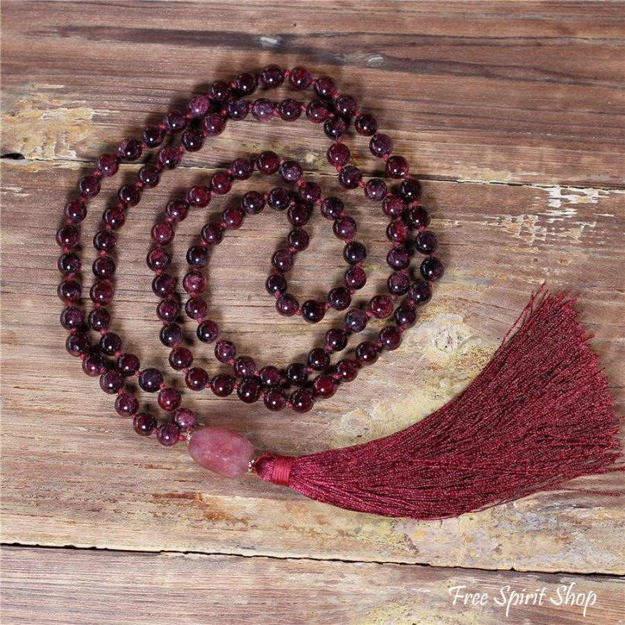 108 Natural Garnet Mala Bead Necklace - Free Spirit Shop