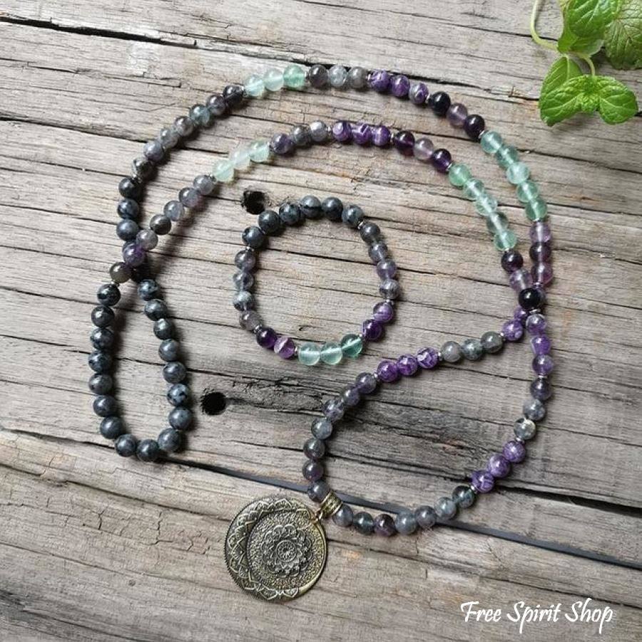 108 Natural Labradorite Fluorite & Amethyst Mala Bead Necklace / Bracelet - Free Spirit Shop