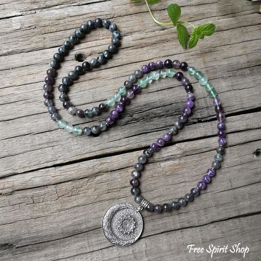 108 Natural Labradorite Fluorite & Amethyst Mala Bead Necklace / Bracelet - Free Spirit Shop