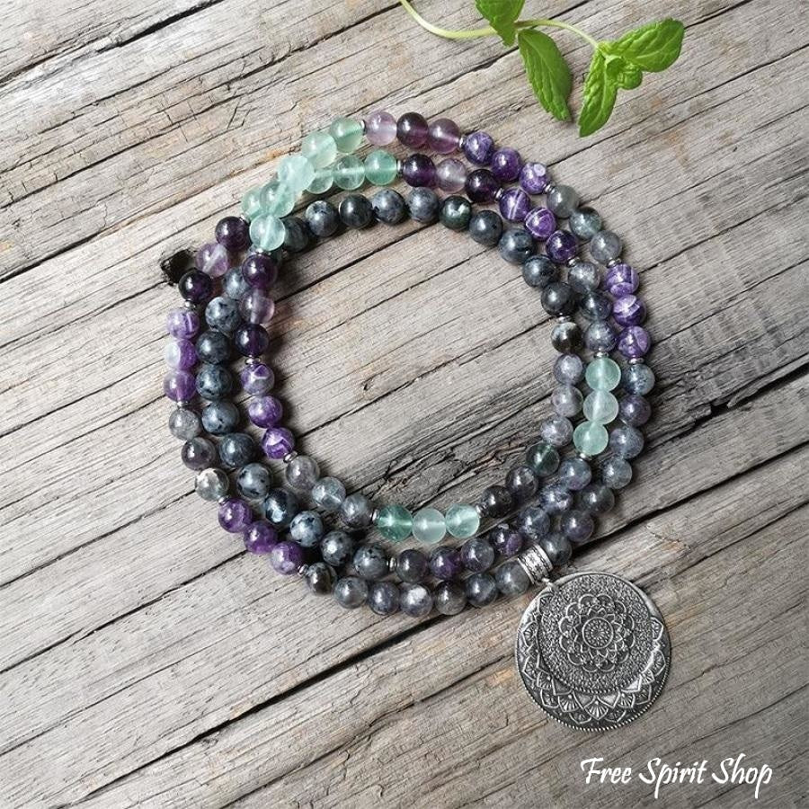 108 Natural Labradorite Fluorite & Amethyst Mala Bead Necklace / Bracelet - Free Spirit Shop