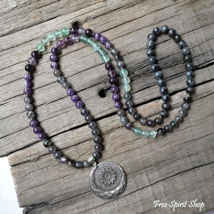108 Natural Labradorite Fluorite & Amethyst Mala Bead Necklace / Bracelet - Free Spirit Shop
