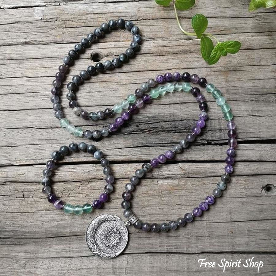 108 Natural Labradorite Fluorite & Amethyst Mala Bead Necklace / Bracelet - Free Spirit Shop