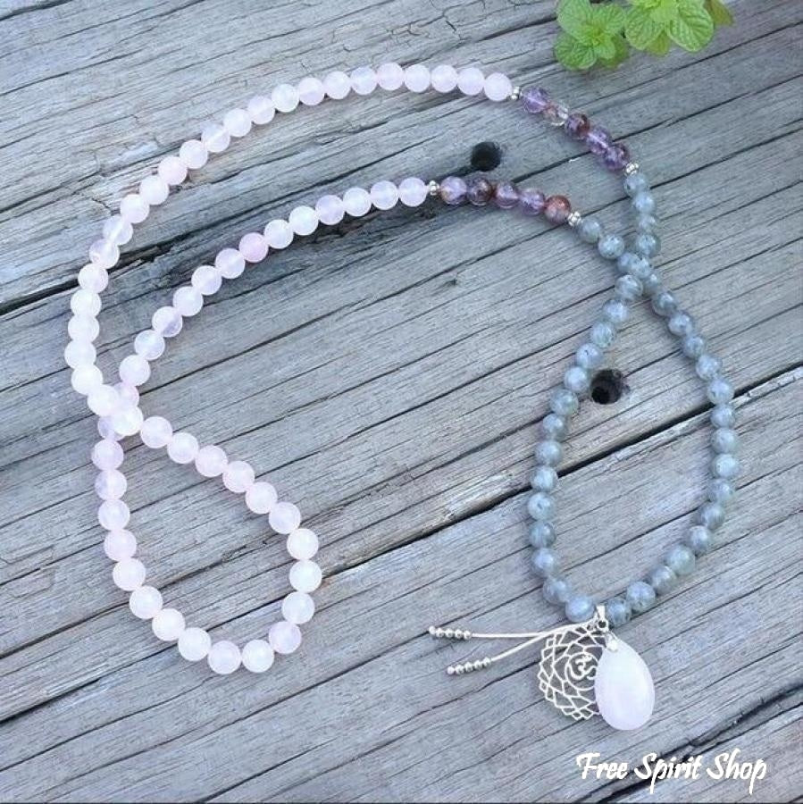 108 Natural Labradorite White Jade and Amethyst Mala Beads Necklace / Bracelet - Free Spirit Shop