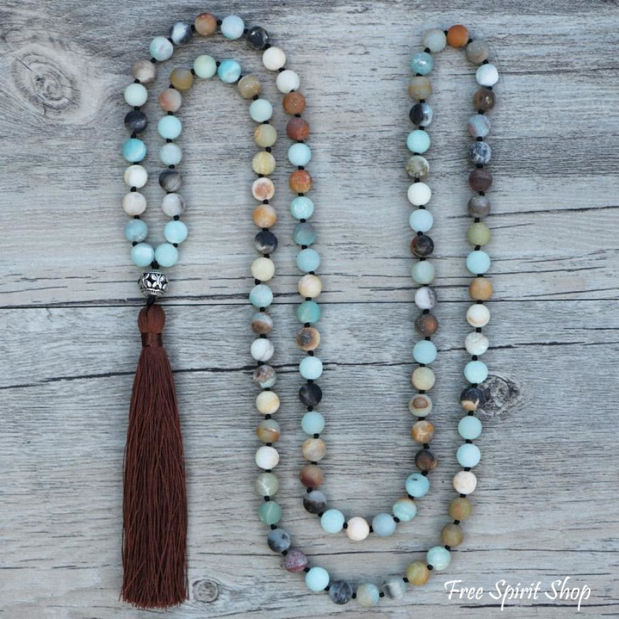 108 Natural Matte Amazonite Stone Bead Mala Prayer With Tassel - Free Spirit Shop