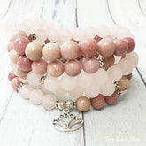 108 Natural Rhodonite & Rose Quartz Lotus Mala Beads - Free Spirit Shop