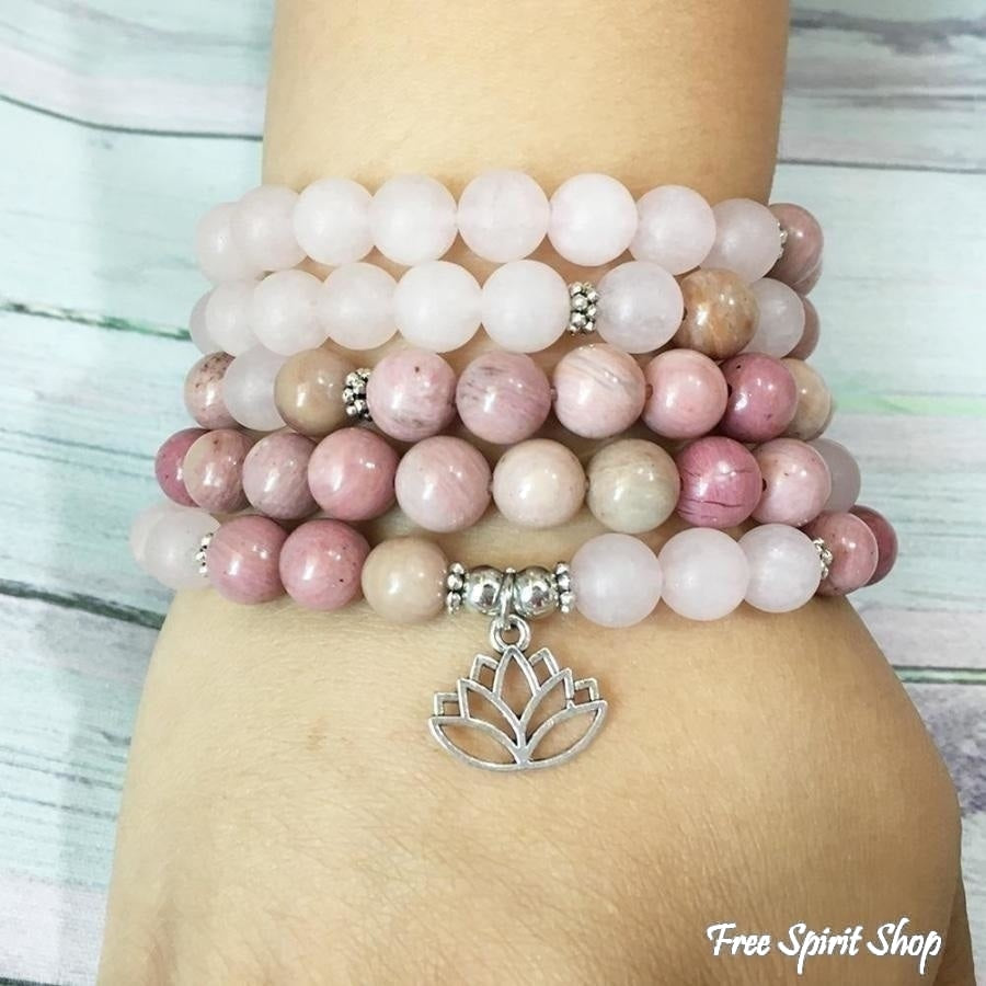 108 Natural Rhodonite & Rose Quartz Lotus Mala Beads - Free Spirit Shop