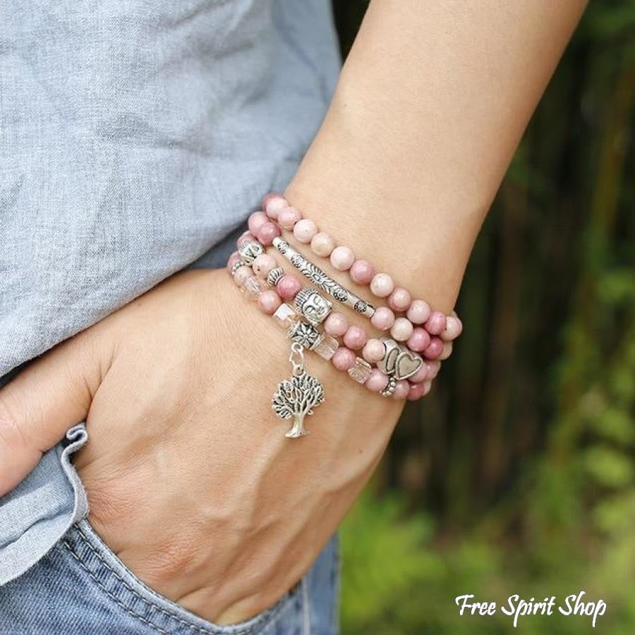 108 Natural Rhodonite & Spiritual Charms Mala Beads - Free Spirit Shop