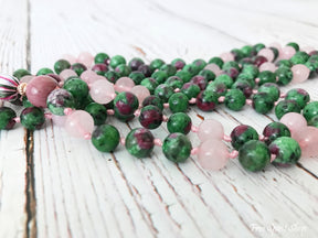 108 Natural Rose Quartz & Ruby Green Gemstone Bead Mala Prayer Necklace - Free Spirit Shop