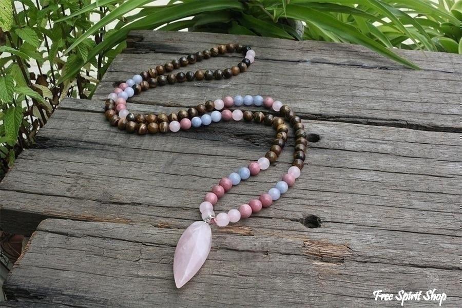 108 Natural Tiger Eye Rose Quartz Rhodonite Mala Bead Necklace - Free Spirit Shop