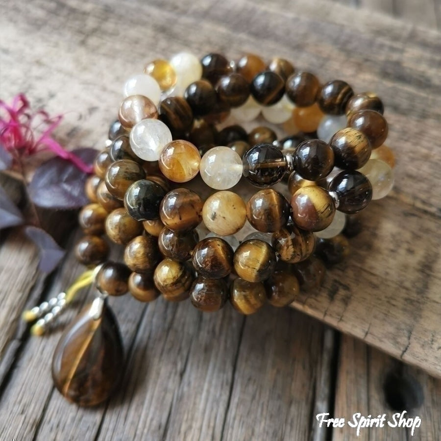 108 Natural Tiger Eye & Yellow Quartz Gemstone Mala Bead Necklace - Free Spirit Shop