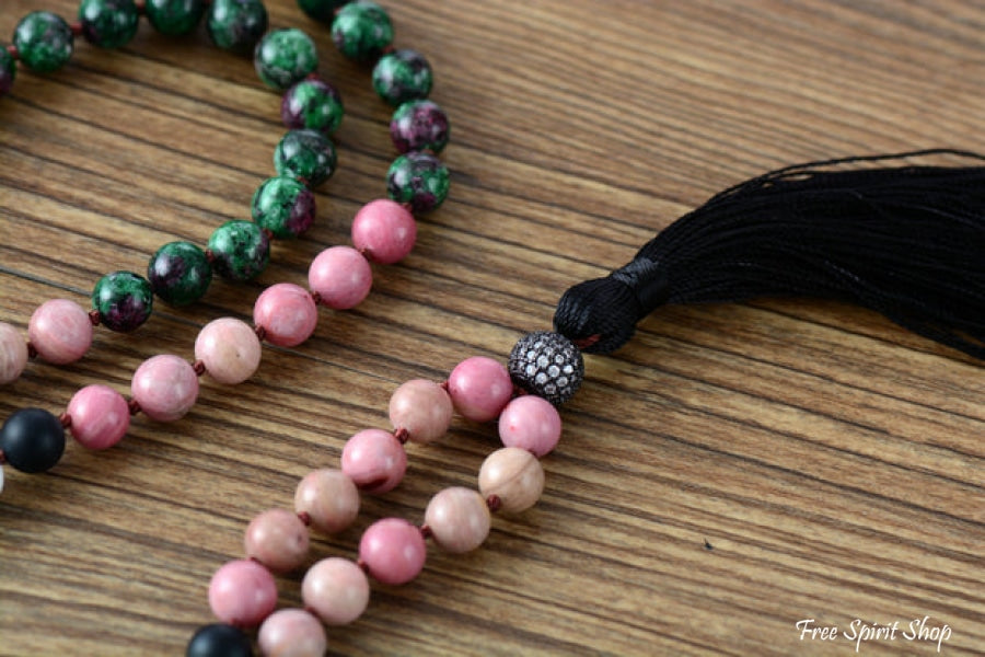 108 Rhodonite Green Stone & Howlite Mala Bead Necklace - Free Spirit Shop