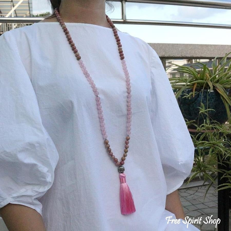 108 Rhodonite & Rose Quartz Mala Beads Necklace - Free Spirit Shop