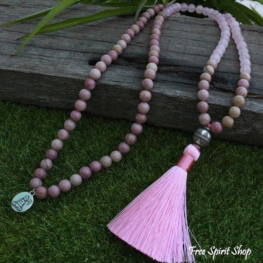108 Rhodonite & Rose Quartz Mala Beads Necklace - Free Spirit Shop