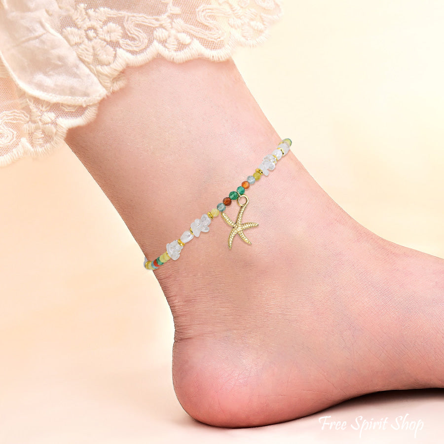Natural Citrine & Pearl Beaded Anklet with Starfish Charm