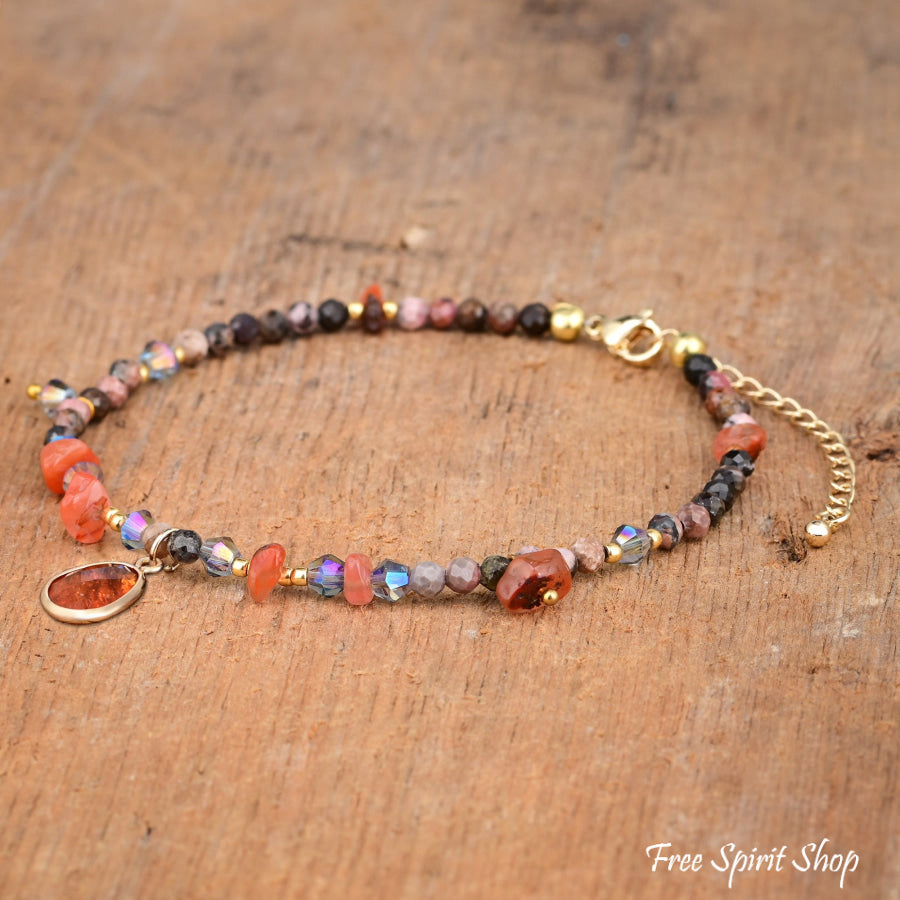 Natural Rhodonite & Carnelian Stone Beaded Anklet Jewelry >