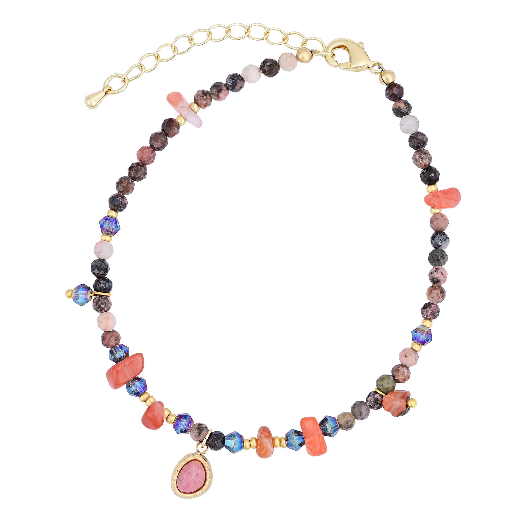 Natural Rhodonite & Carnelian Stone Beaded Anklet