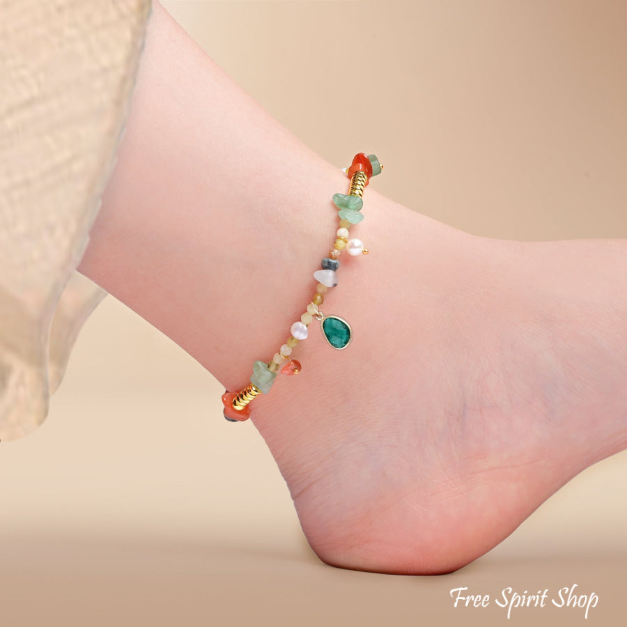 Natural Green Aventurine Unakite & Carnelian Bead Anklet Jewelry >