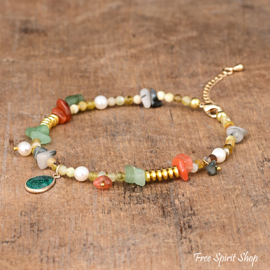 Natural Green Aventurine Unakite & Carnelian Bead Anklet Jewelry >