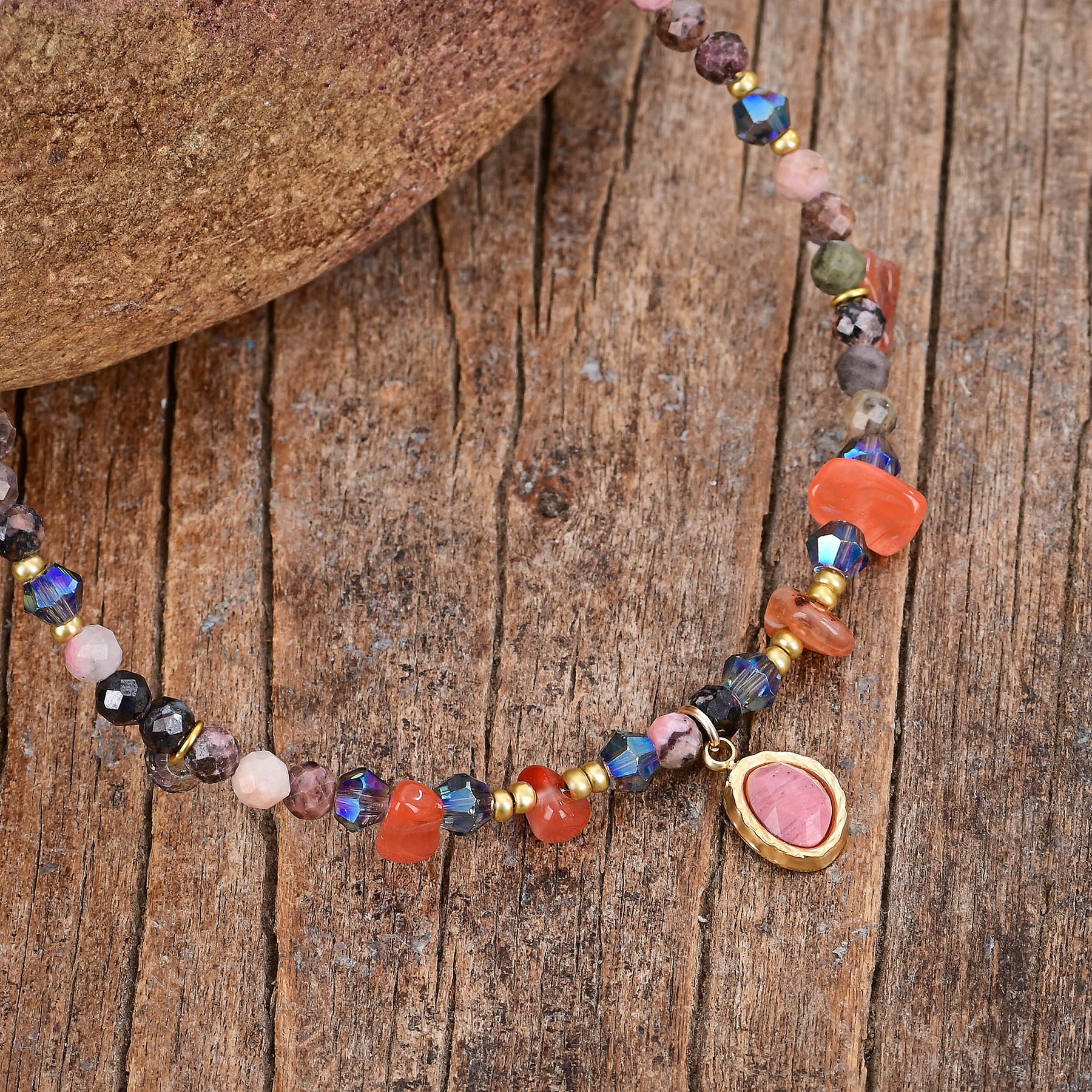 Natural Rhodonite & Carnelian Stone Beaded Anklet