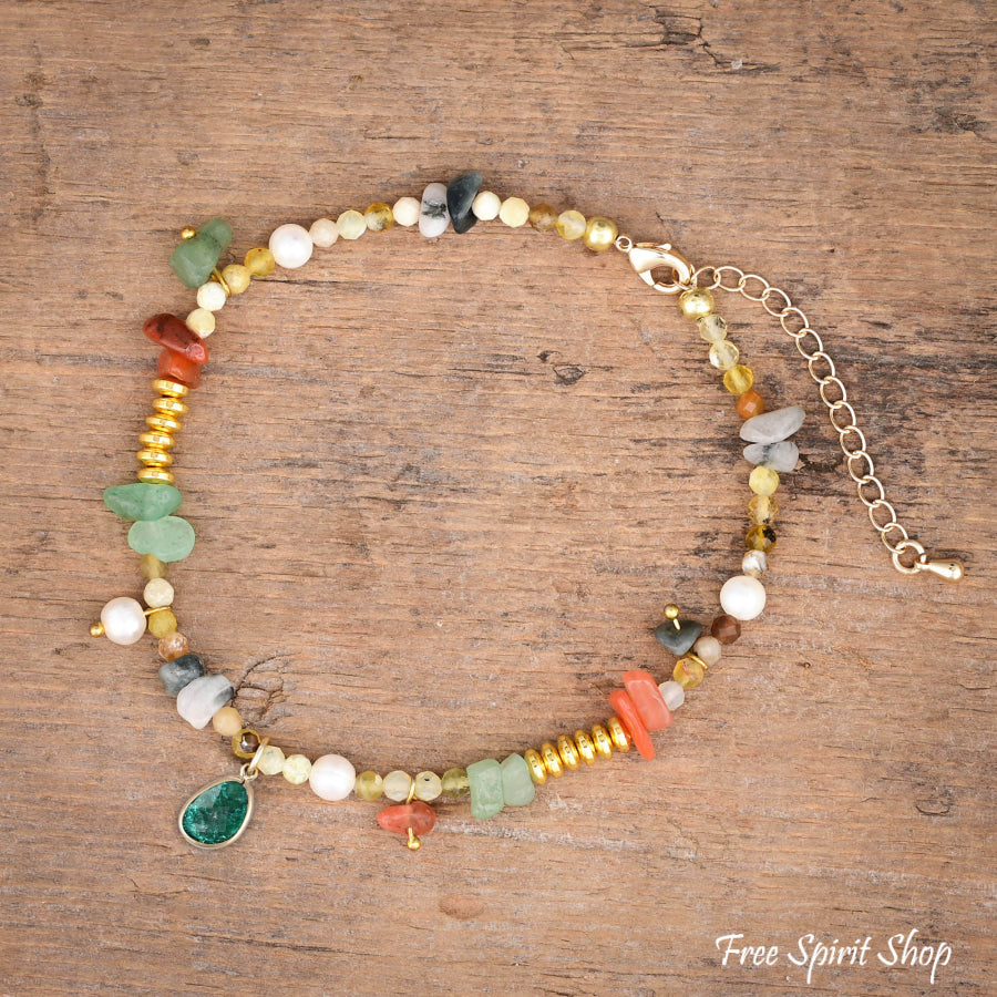 Natural Green Aventurine Unakite & Carnelian Bead Anklet Jewelry >