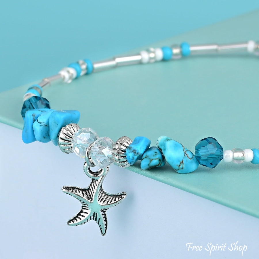 Turquoise & Starfish Charm Beaded Anklet Jewelry >