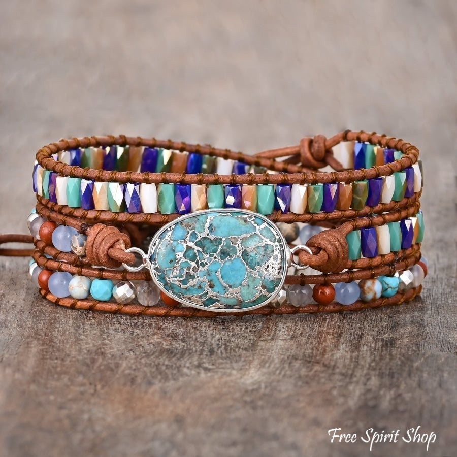 Natural Turquoise & Jasper Silver Wrap Bracelet Jewelry > Gemstone Bead