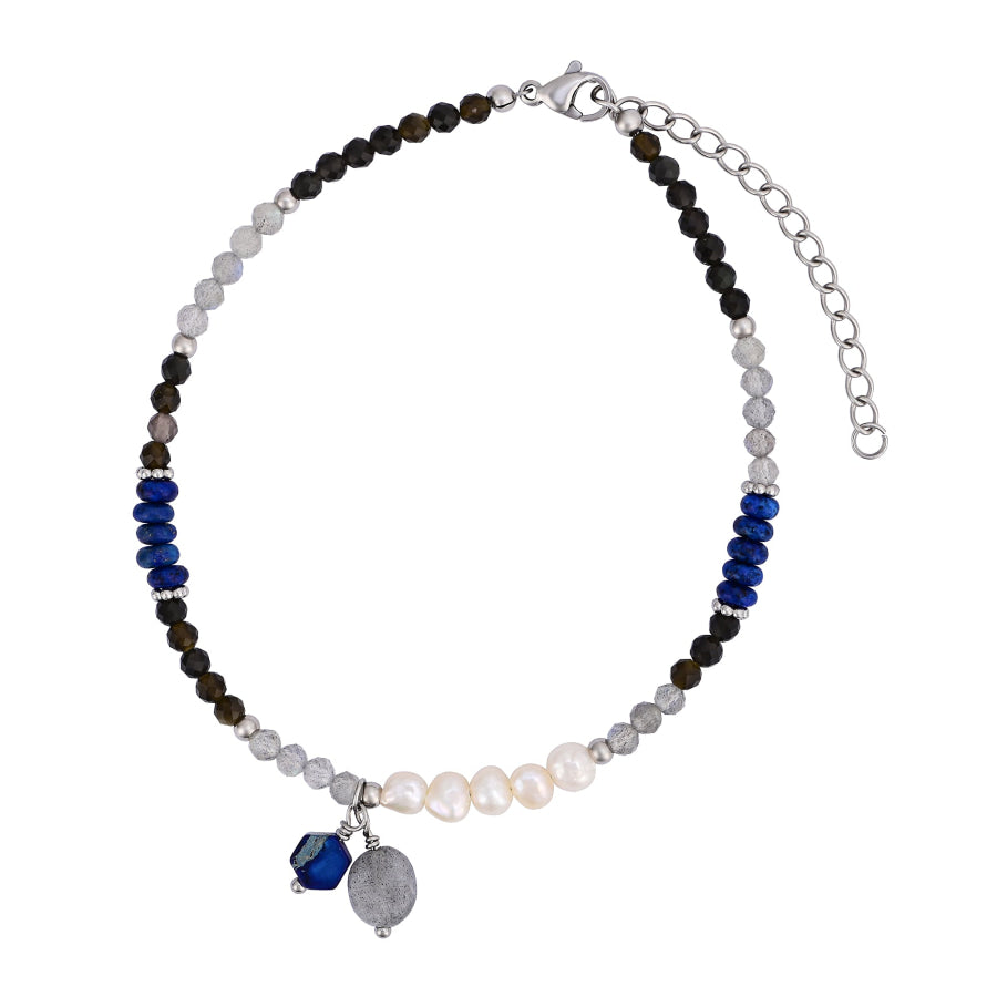 Natural Lapis Lazuli & Labradorite Beaded Anklet with Freshwater Pearls