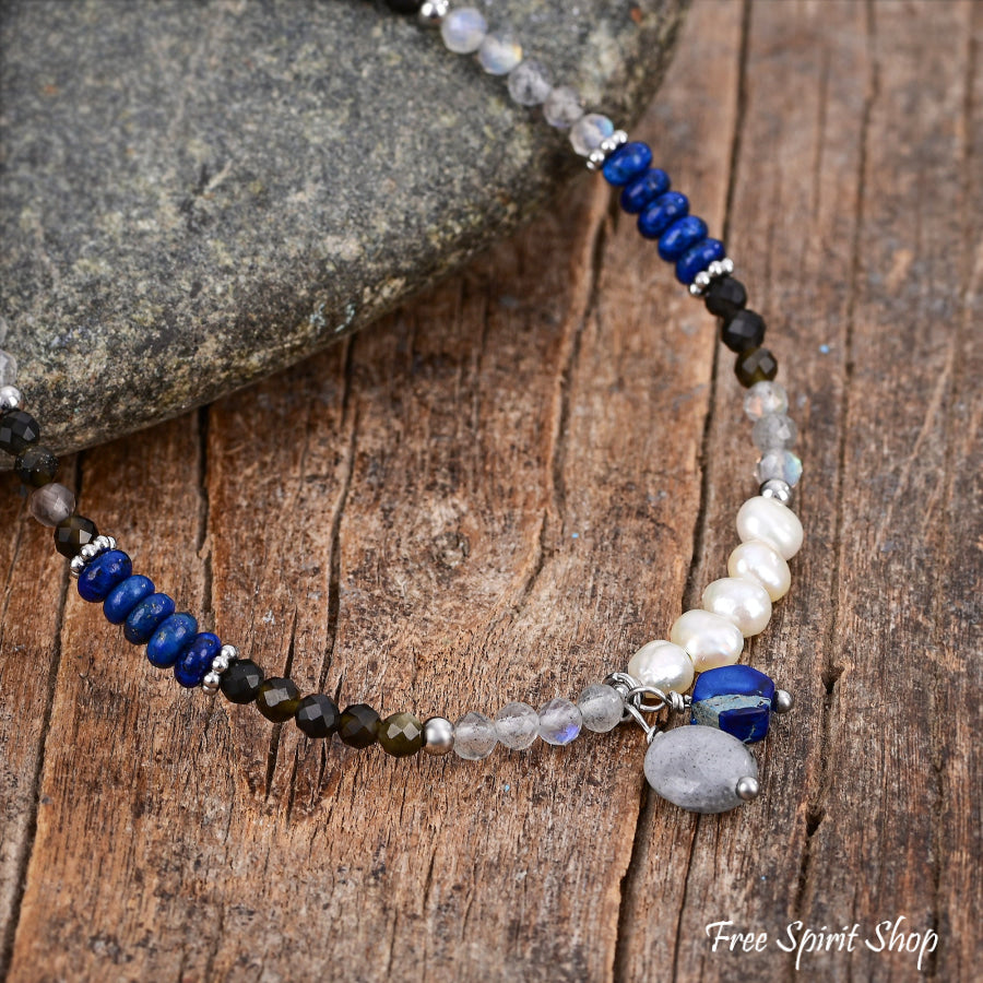 Natural Lapis Lazuli & Labradorite Beaded Anklet with Freshwater Pearls