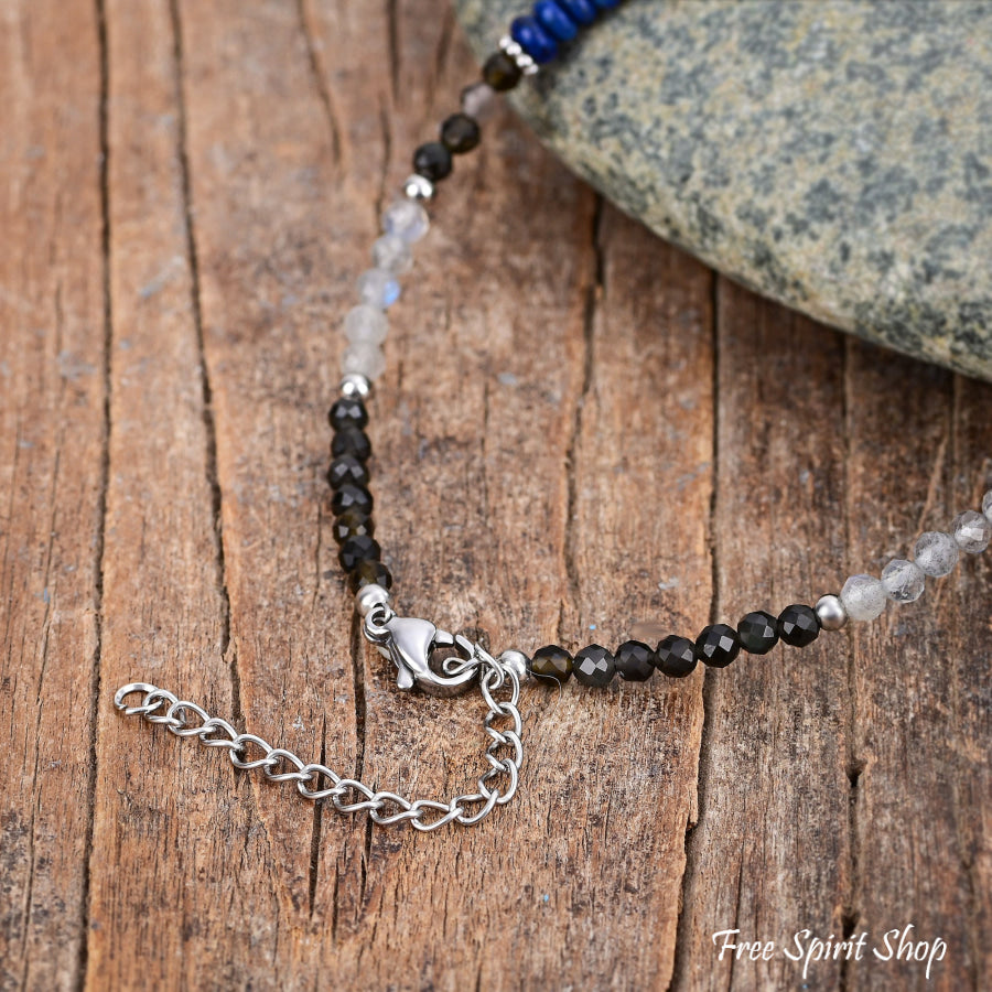 Natural Lapis Lazuli & Labradorite Beaded Anklet with Freshwater Pearls